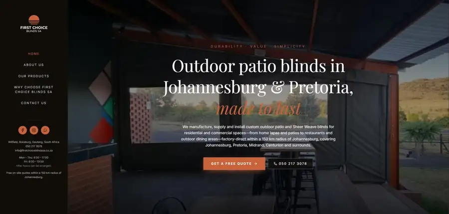 First Choice Blinds SA home page on desktop