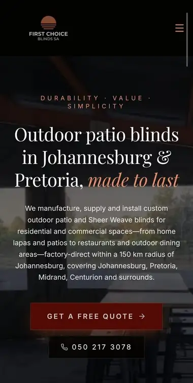 First Choice Blinds SA website on a phone