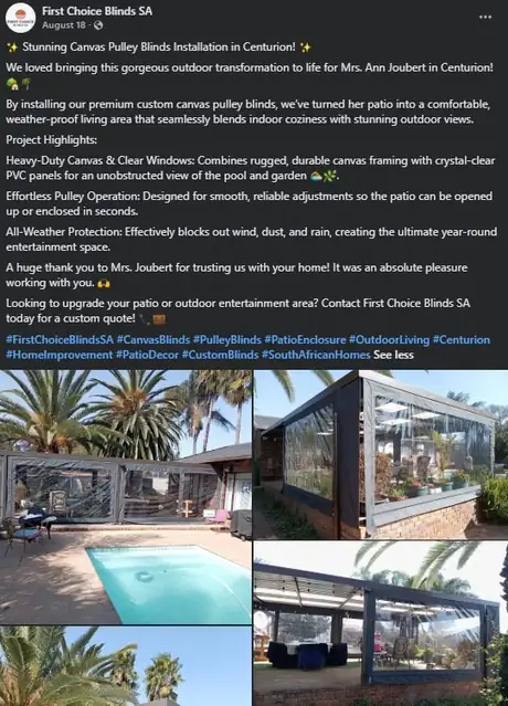 Project showcase post for First Choice Blinds SA